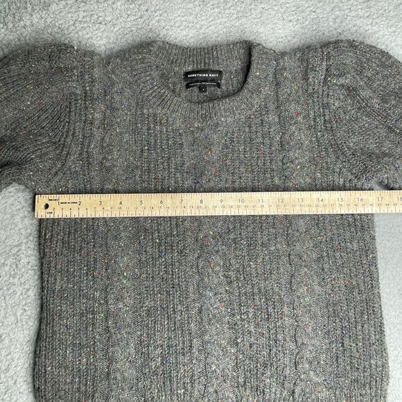 Something Navy Cable Knit Sweater Womens Small Gray Puff Shoulder Speckled Wool - Picture 8 of 14